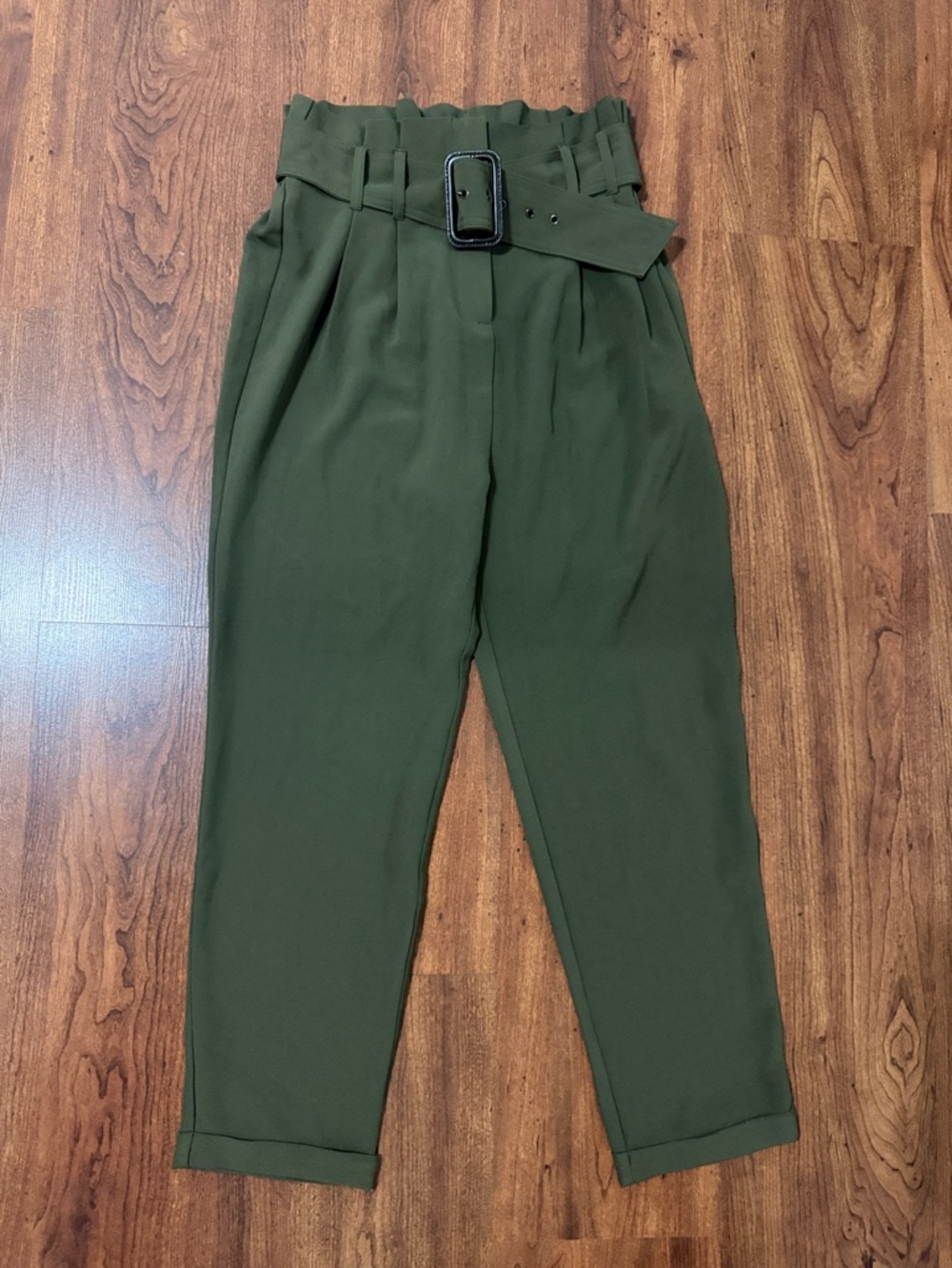 High-Waist Olive Green Paperbag Men’s Trousers with Belt